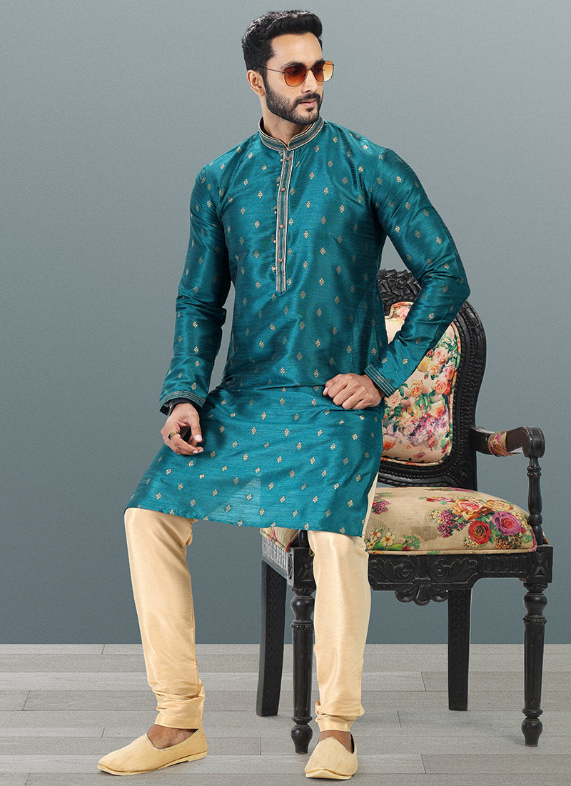 FIROZI BLUE Banarasi Silk Festival Wear Jacquard Kurta Pajama