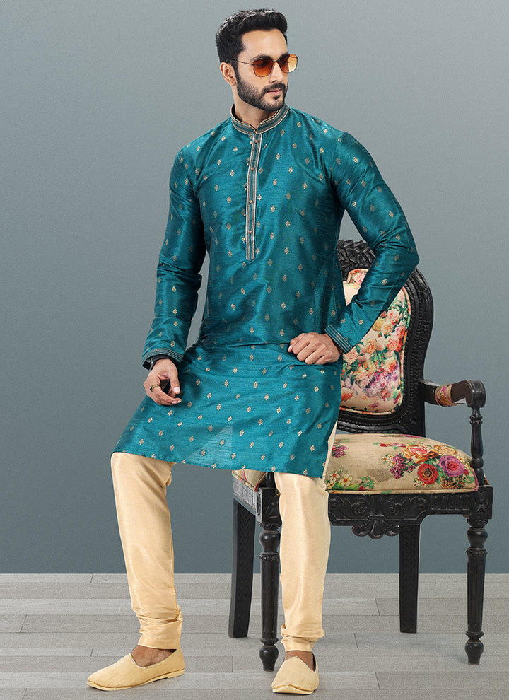FIROZI BLUE Banarasi Silk Festival Wear Jacquard Kurta Pajama