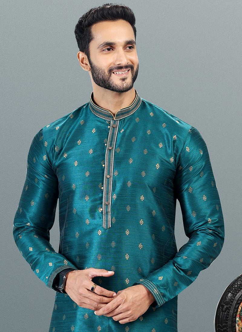FIROZI BLUE Banarasi Silk Festival Wear Jacquard Kurta Pajama