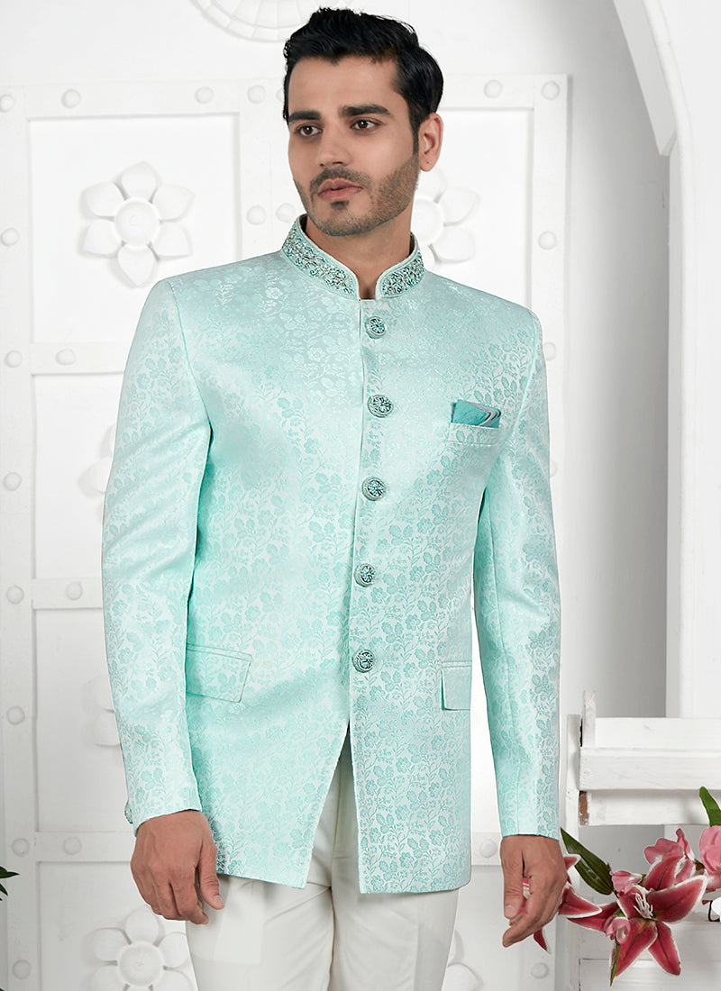 Firozi Green Imported Jaquard Silk Party Wear Pattern Pc Work Readymade Mens Jacket