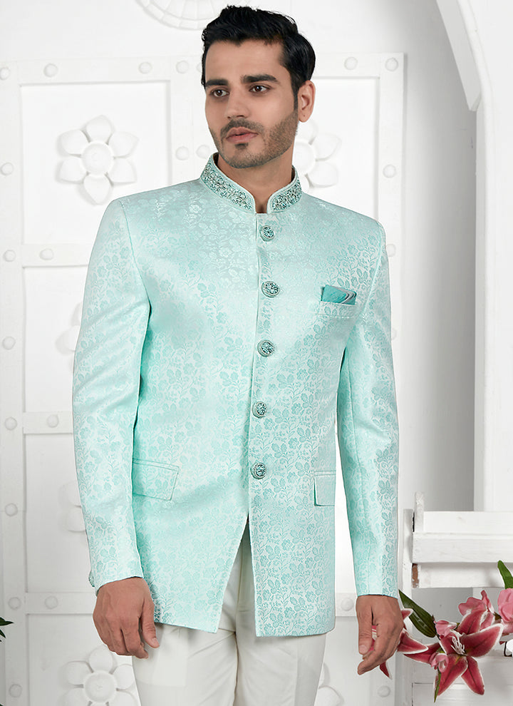 Firozi Green Imported Jaquard Silk Party Wear Pattern Pc Work Readymade Mens Jacket