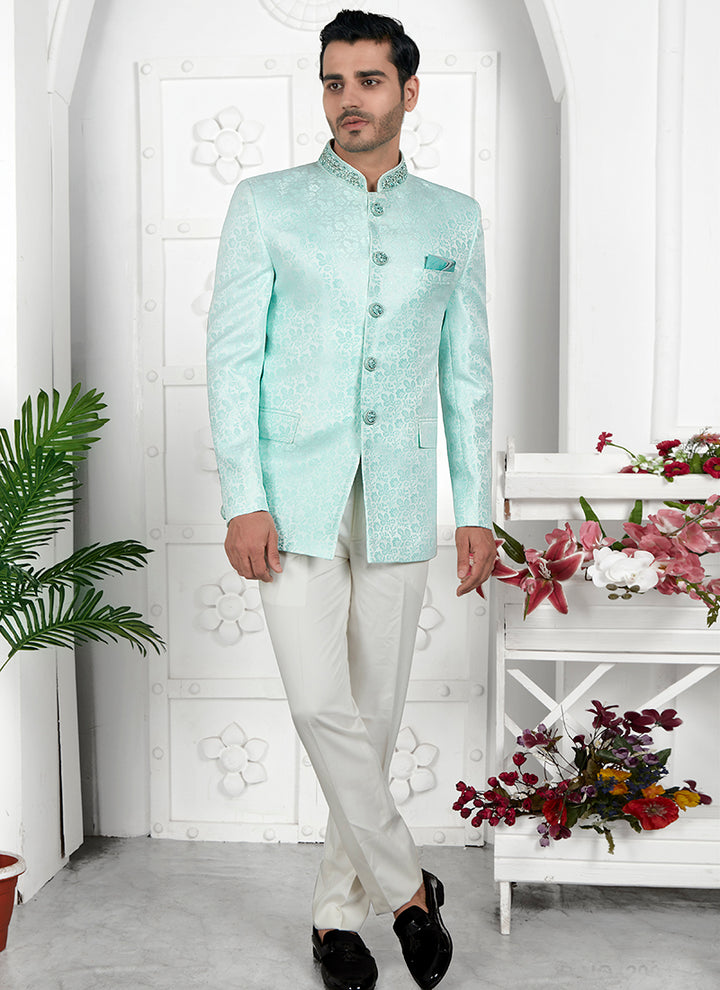 Firozi Green Imported Jaquard Silk Party Wear Pattern Pc Work Readymade Mens Jacket