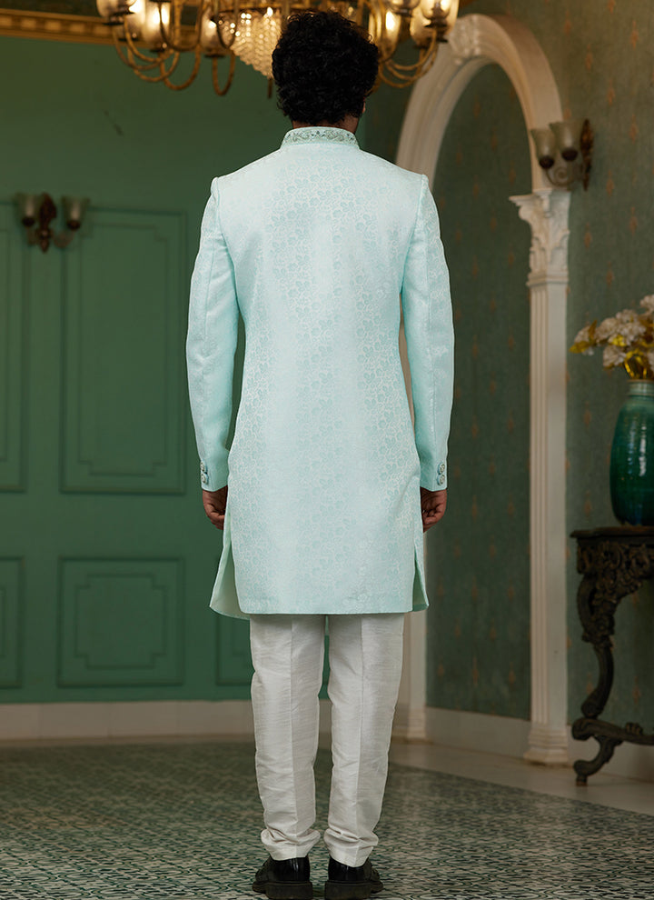 Firozi Green Jacquard Silk Wedding Wear Hand Work IndoWestern