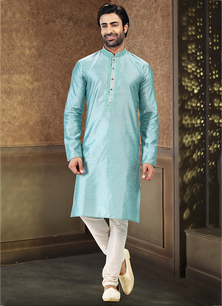 Firozi Jacquard Banarasi Silk Festival Wear Thread Work Kurta Pajama