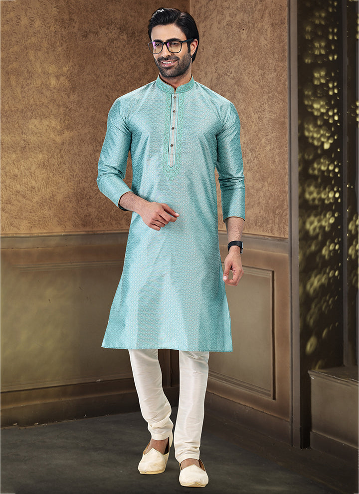 Firozi Jacquard Banarasi Silk Festival Wear Thread Work Kurta Pajama