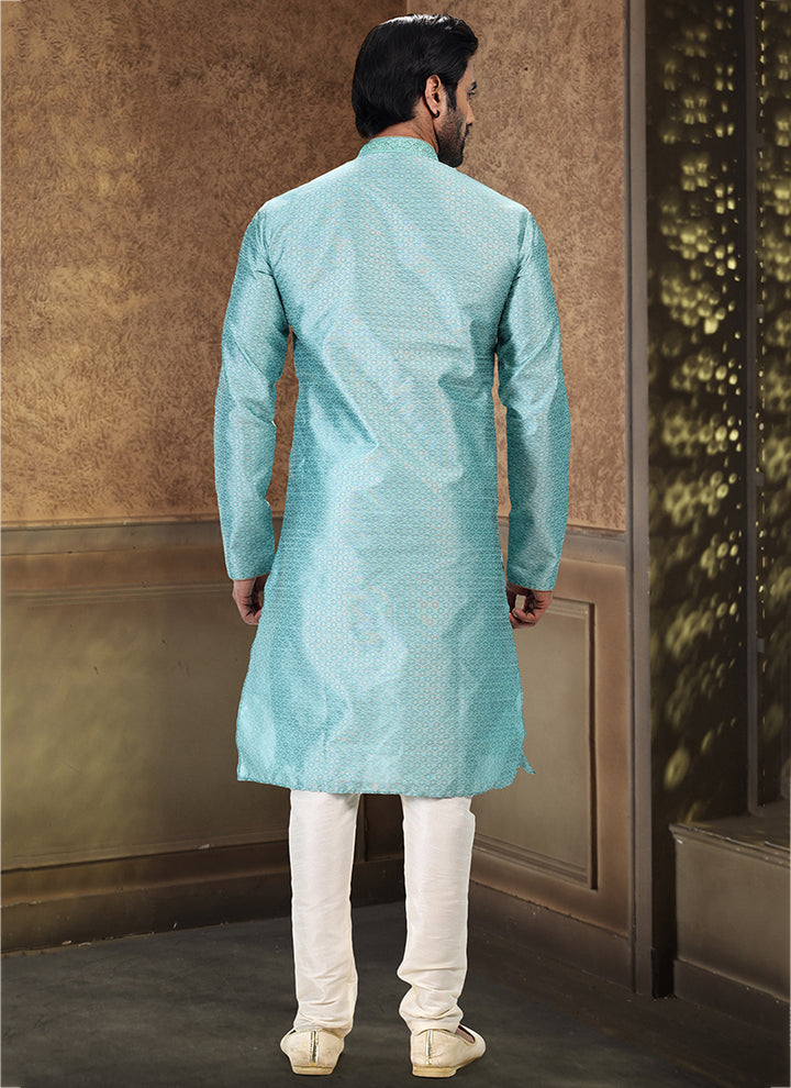 Firozi Jacquard Banarasi Silk Festival Wear Thread Work Kurta Pajama