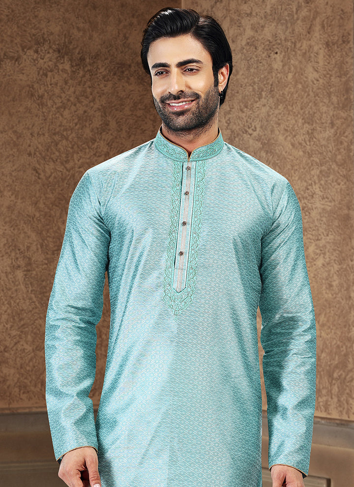 Firozi Jacquard Banarasi Silk Festival Wear Thread Work Kurta Pajama