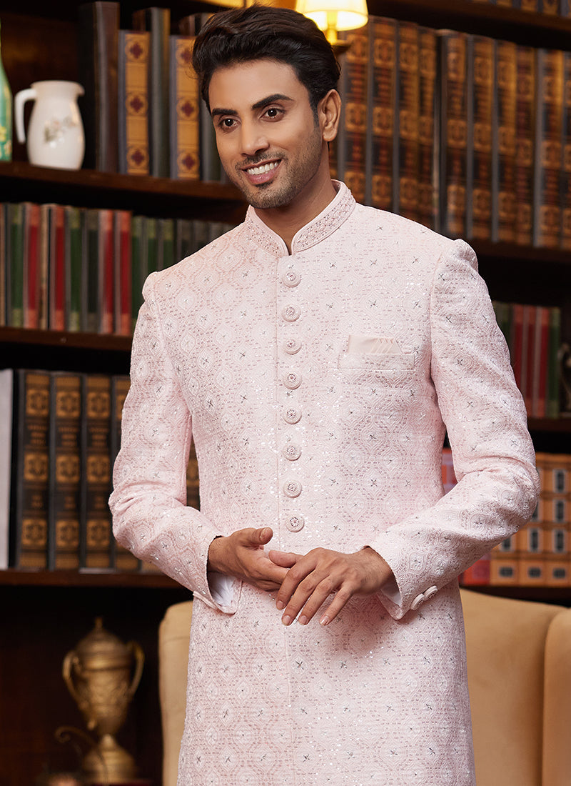 Jacquard Silk Light Pink Wedding Wear Hand Work Readymade Sherwani