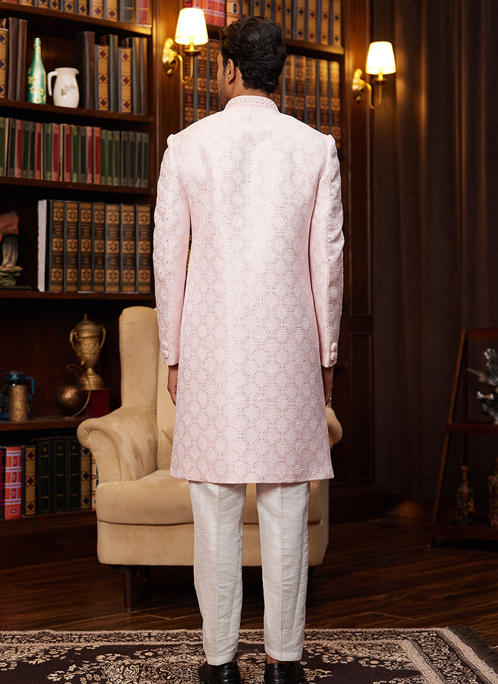 Jacquard Silk Light Pink Wedding Wear Hand Work Readymade Sherwani