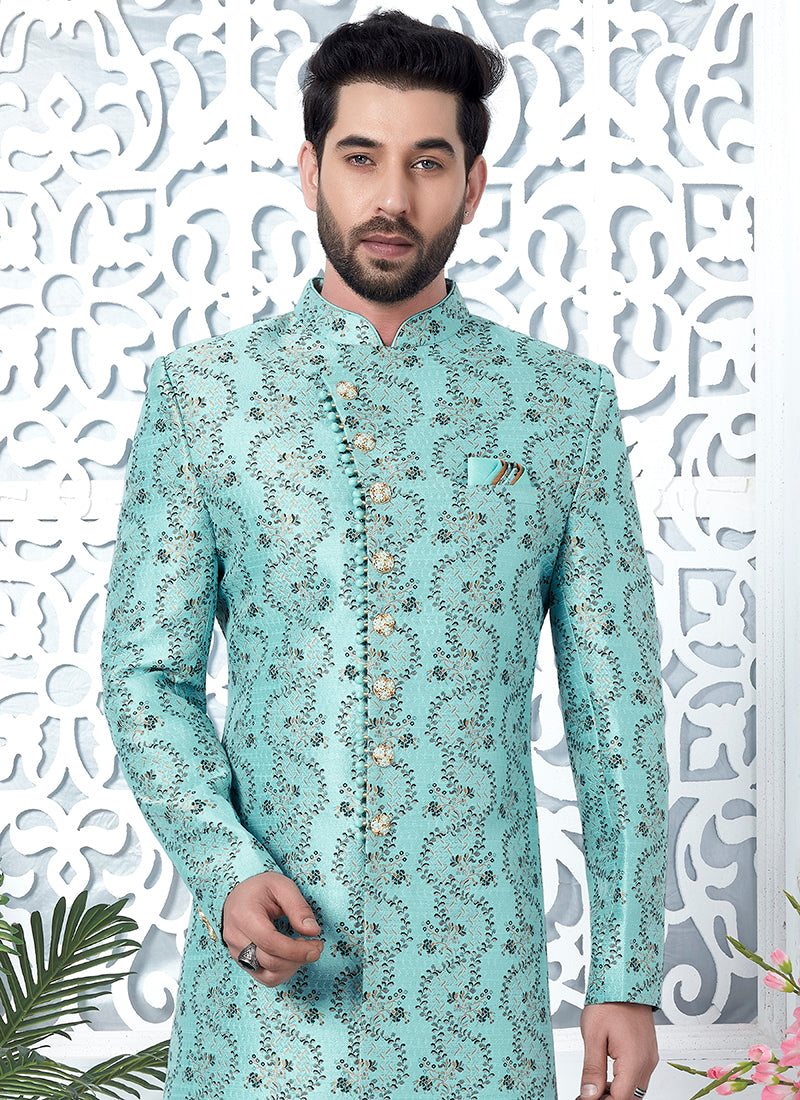 Firozi Jaquard Silk Party Wear Pattern Pc Work Readymade Mens Indo Western
