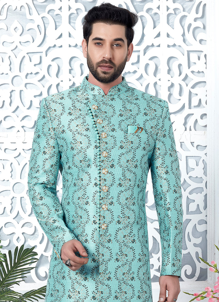 Firozi Jaquard Silk Party Wear Pattern Pc Work Readymade Mens Indo Western
