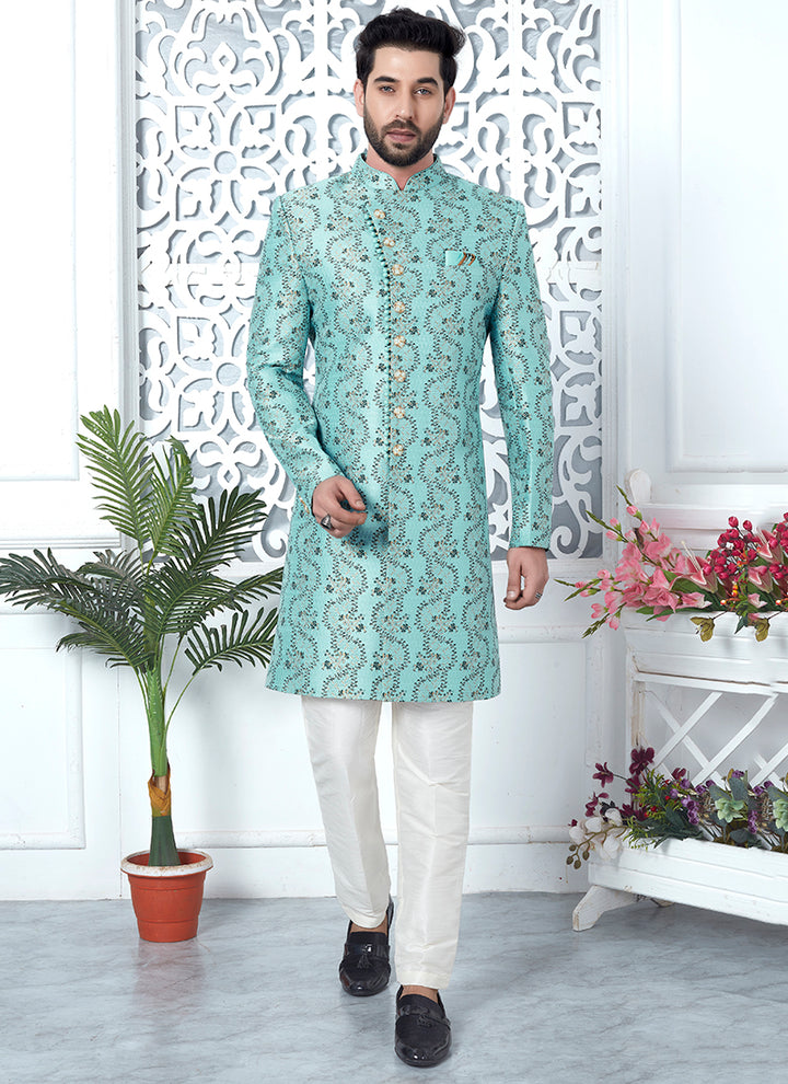 Firozi Jaquard Silk Party Wear Pattern Pc Work Readymade Mens Indo Western