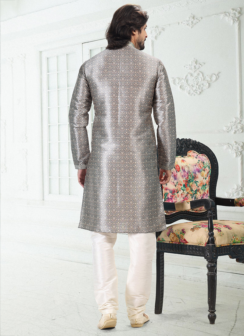 GRAY Banarasi Silk Traditional Wear Digital Printed Kurta Pajama