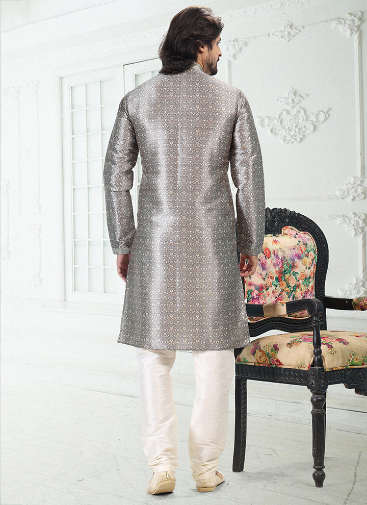 GRAY Banarasi Silk Traditional Wear Digital Printed Kurta Pajama
