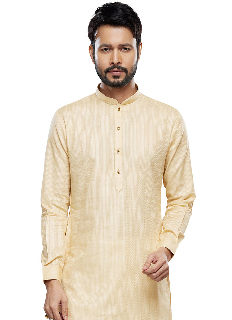 Gold Art Silk Party Wear Thread Work Readymade Mens Kurta Pajama