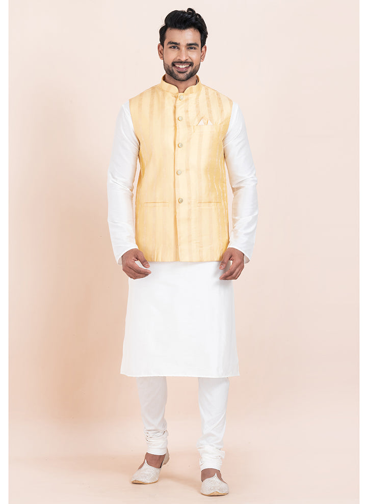 Banarasi Silk Gold Festival Wear Jacquard Work Readymade Modi Jacket Kurta Pajama