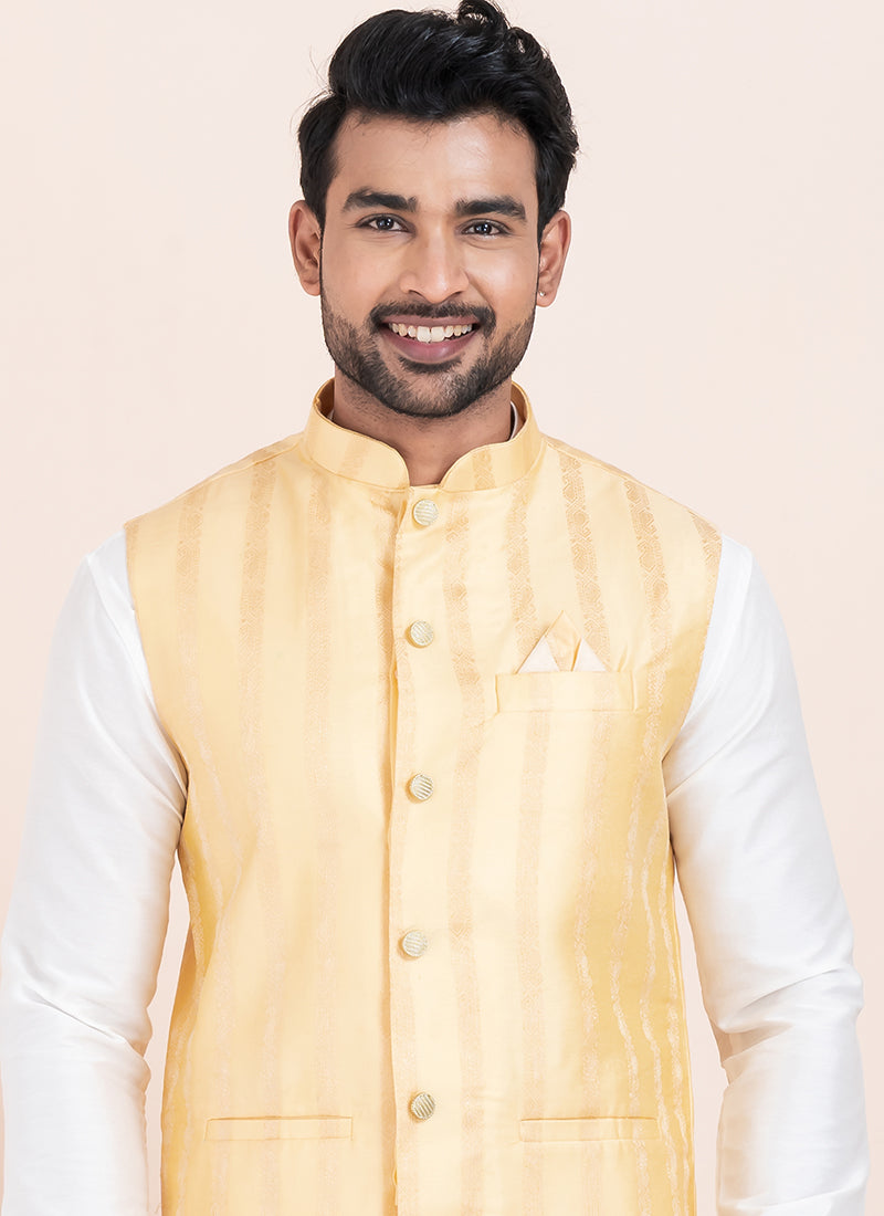 Banarasi Silk Gold Festival Wear Jacquard Work Readymade Modi Jacket Kurta Pajama