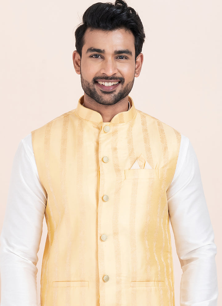 Banarasi Silk Gold Festival Wear Jacquard Work Readymade Modi Jacket Kurta Pajama