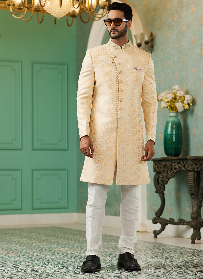 Gold Jacquard Silk Wedding Wear Hand Work IndoWestern