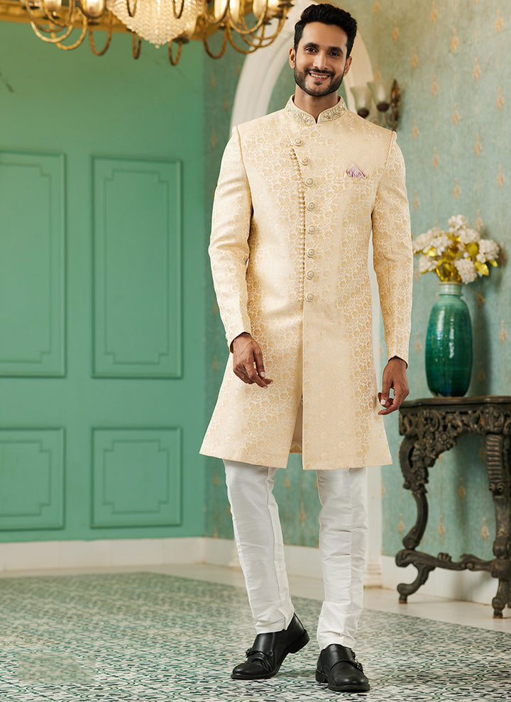 Gold Jacquard Silk Wedding Wear Hand Work IndoWestern