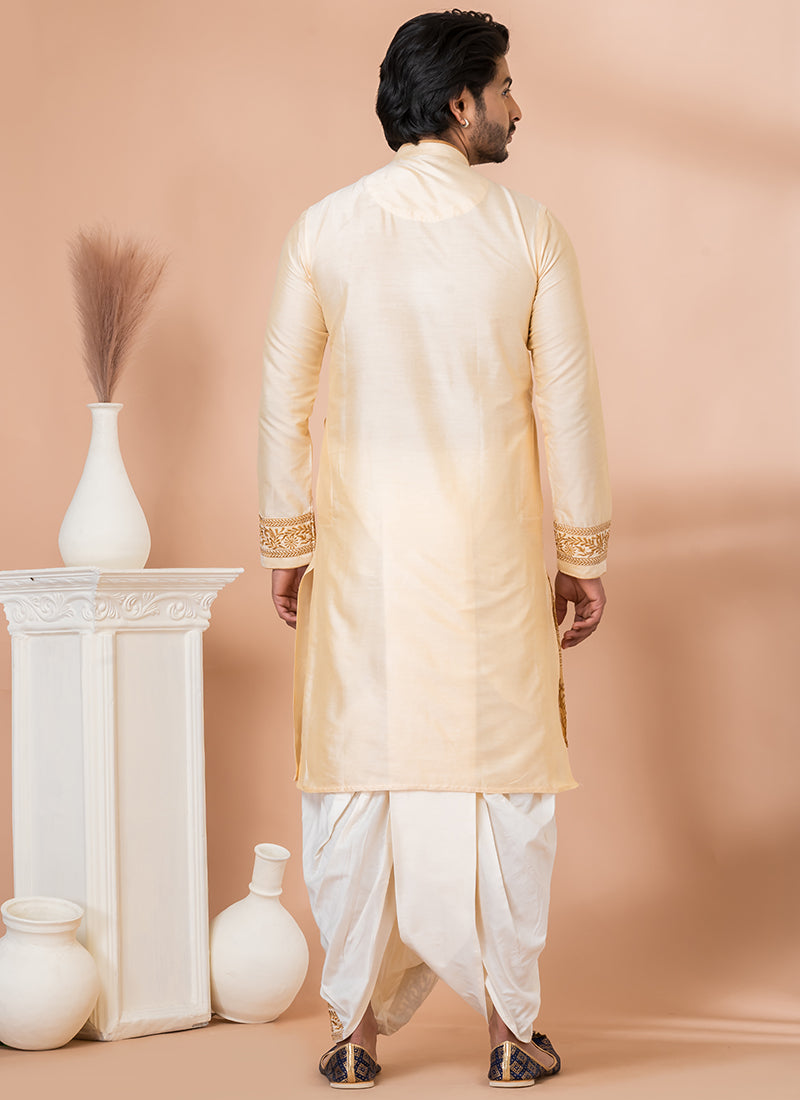 Pure Viscose Gold Traditional Wear Embroidery Work Dhoti Kurta