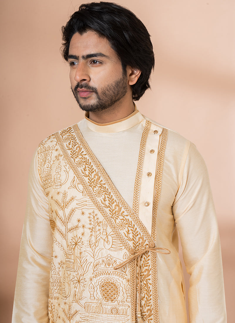 Pure Viscose Gold Traditional Wear Embroidery Work Dhoti Kurta