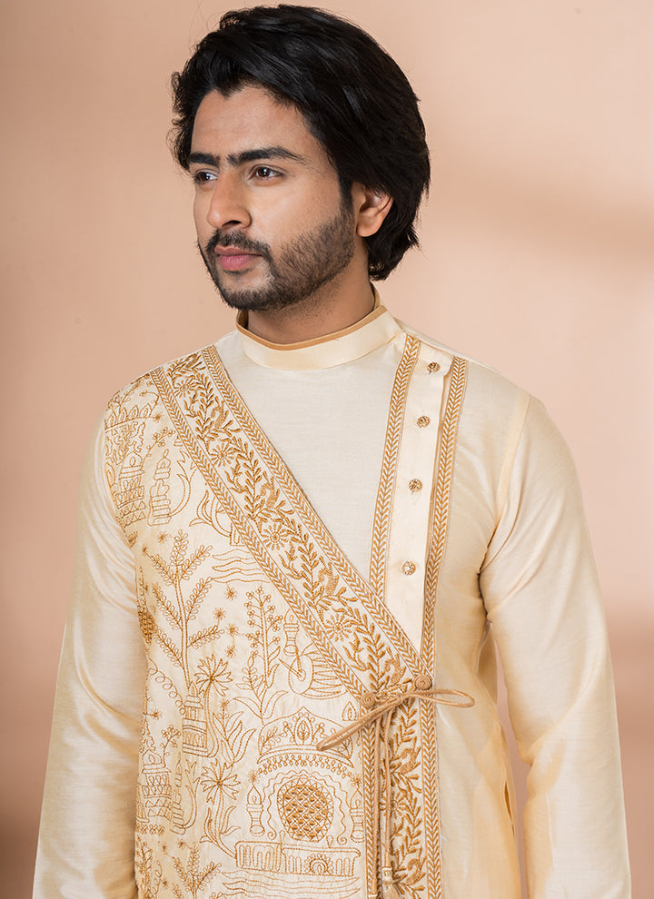 Pure Viscose Gold Traditional Wear Embroidery Work Dhoti Kurta