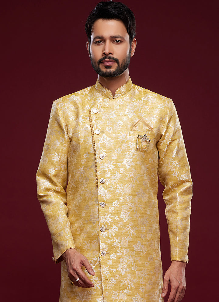 Golden Banarasi Jacquard Tradional Wear Weaving Peshawari Indo Western