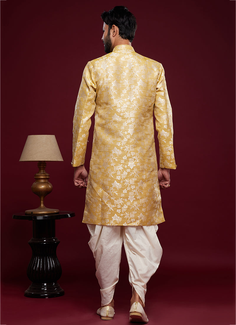 Golden Banarasi Jacquard Tradional Wear Weaving Peshawari Indo Western
