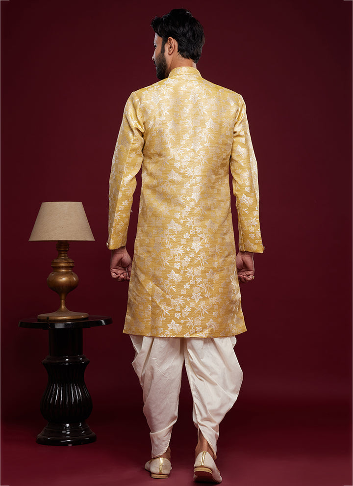 Golden Banarasi Jacquard Tradional Wear Weaving Peshawari Indo Western