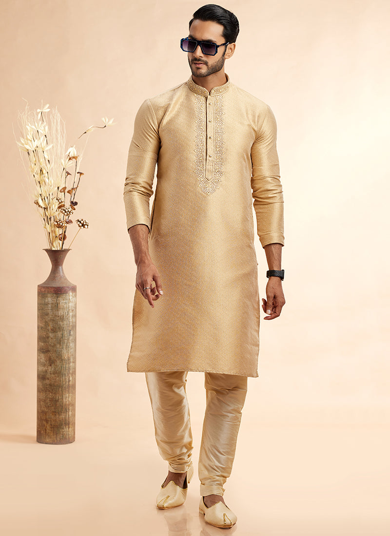 Jacquard Art Silk Golden Festival Wear Machine Work Readymade Kurta Pajama