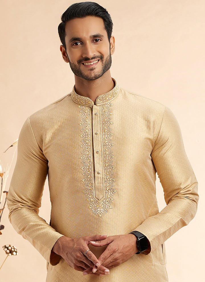 Jacquard Art Silk Golden Festival Wear Machine Work Readymade Kurta Pajama