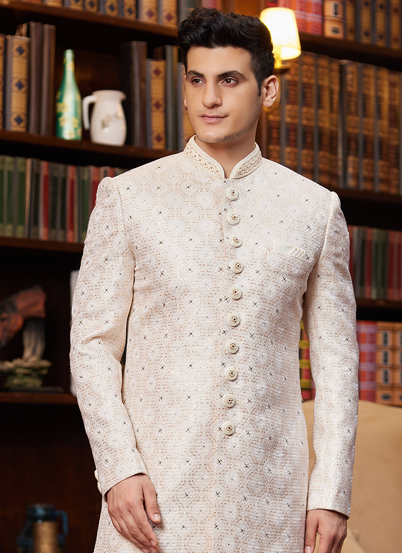 Jacquard Silk Beige Wedding Wear Hand Work Readymade Sherwani