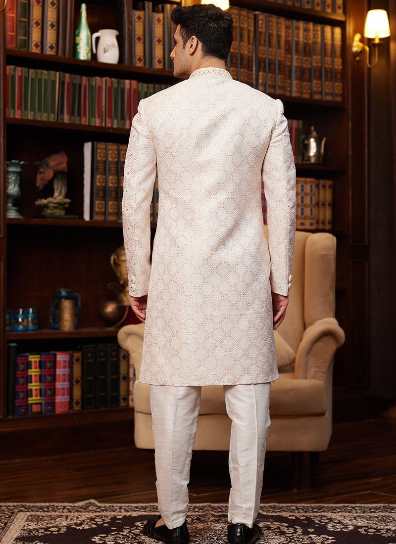 Jacquard Silk Beige Wedding Wear Hand Work Readymade Sherwani