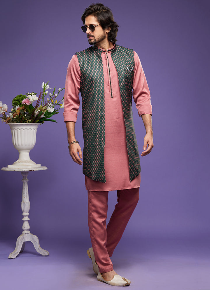 Green Art Banarasi Silk Festival Wear Digital Printed Kurta Pajama With Jacket