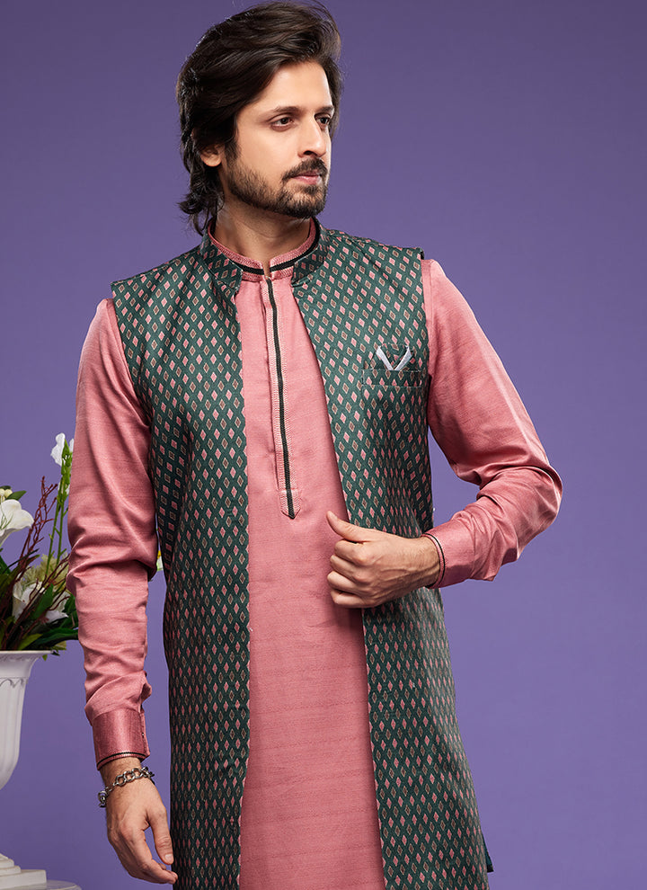 Green Art Banarasi Silk Festival Wear Digital Printed Kurta Pajama With Jacket