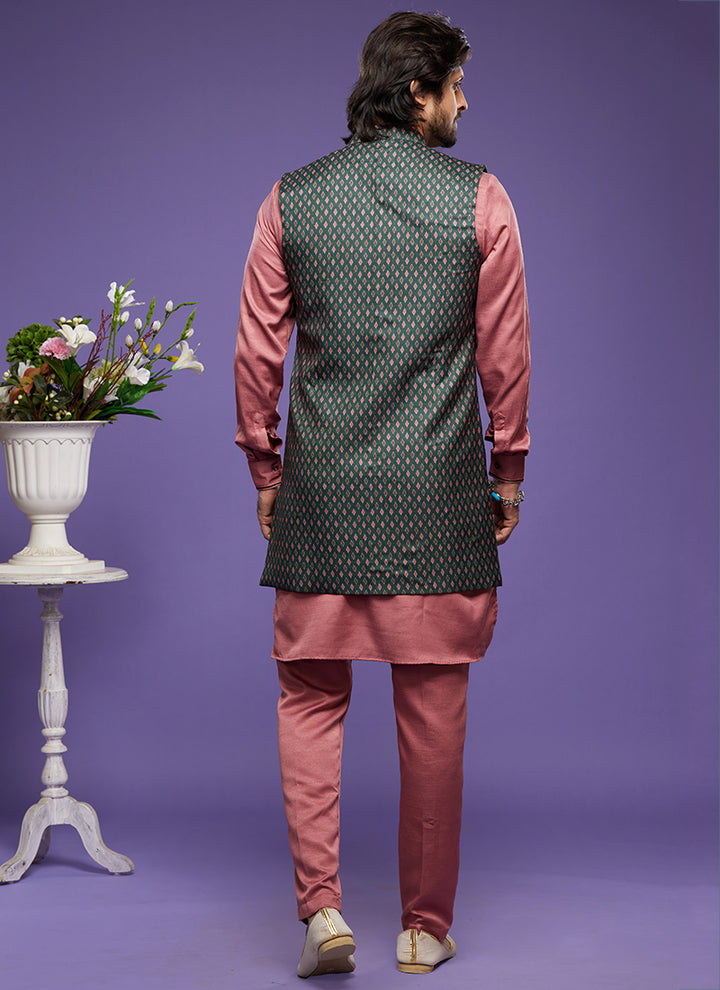 Green Art Banarasi Silk Festival Wear Digital Printed Kurta Pajama With Jacket