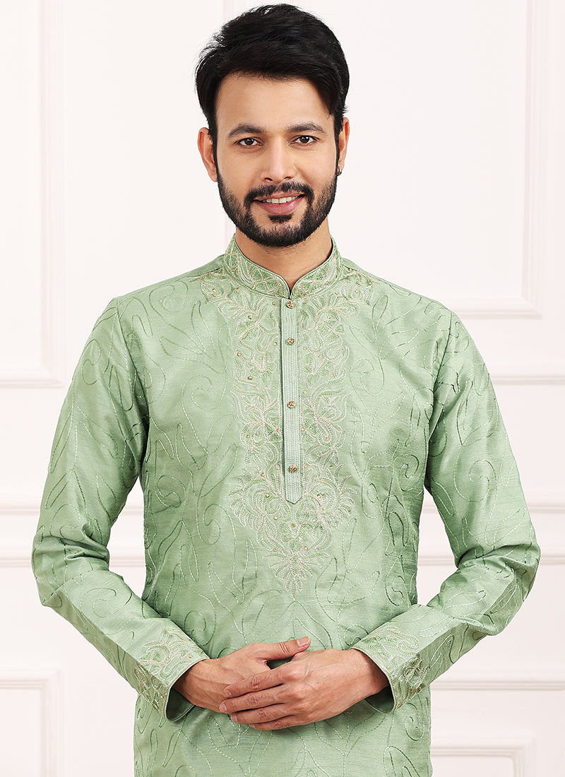 Green Art Banarasi Silk Festival Wear Thread Work Kurta Pajama