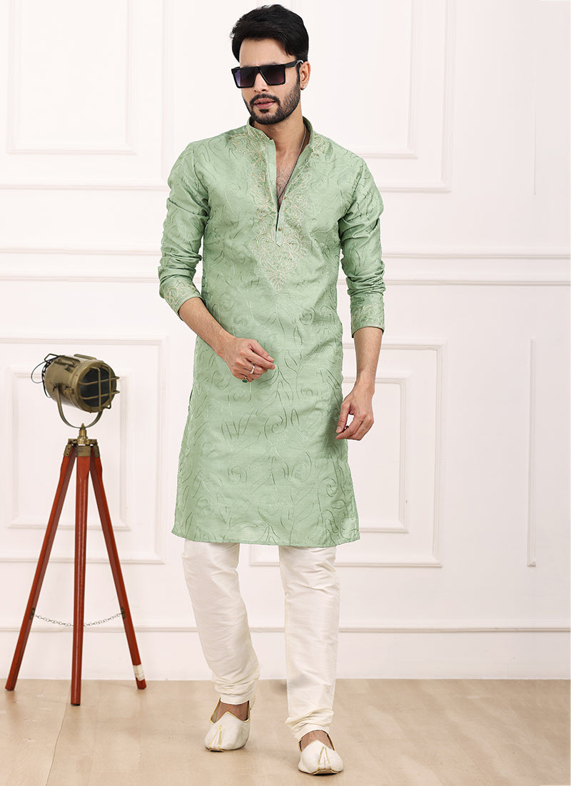 Green Art Banarasi Silk Festival Wear Thread Work Kurta Pajama