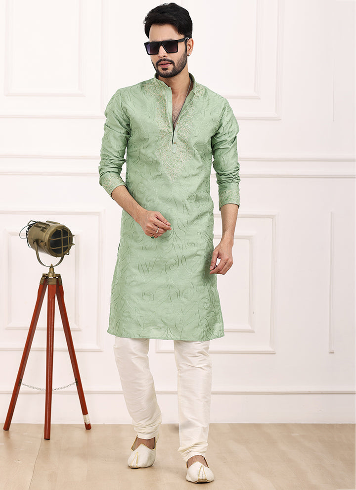 Green Art Banarasi Silk Festival Wear Thread Work Kurta Pajama