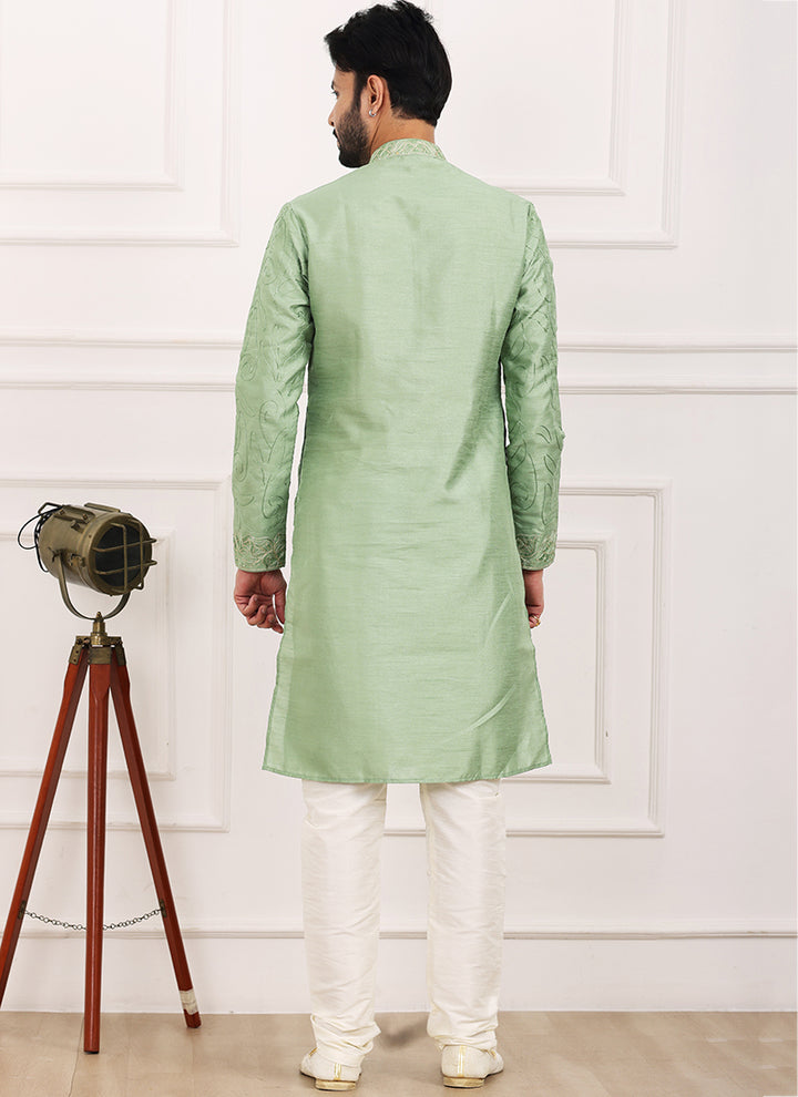 Green Art Banarasi Silk Festival Wear Thread Work Kurta Pajama