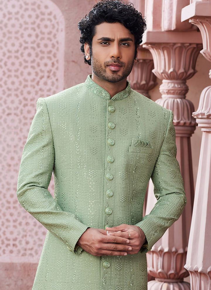 Green Art Silk Party Wear Thread Work Sherwani