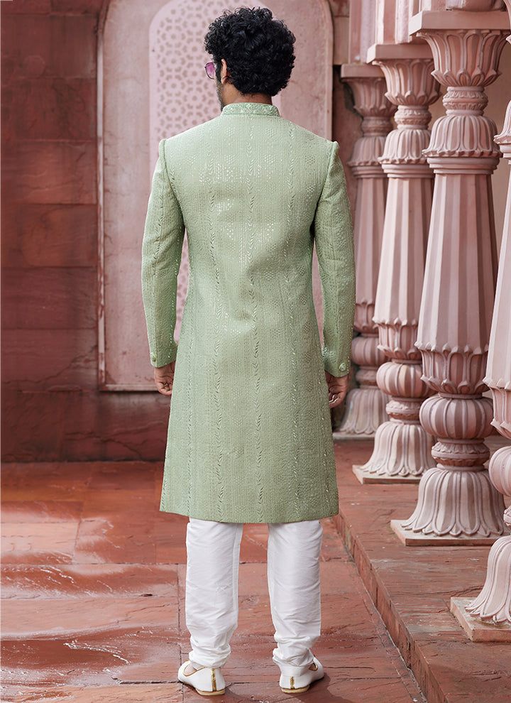 Green Art Silk Party Wear Thread Work Sherwani