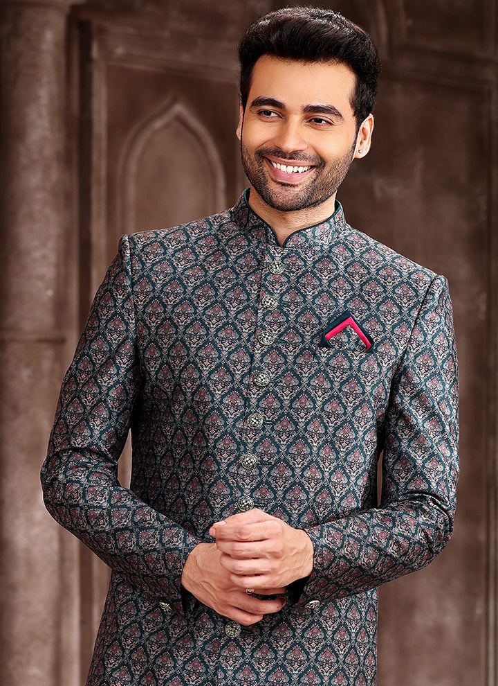 Green Art Silk Traditional Wear Printed Sherwani