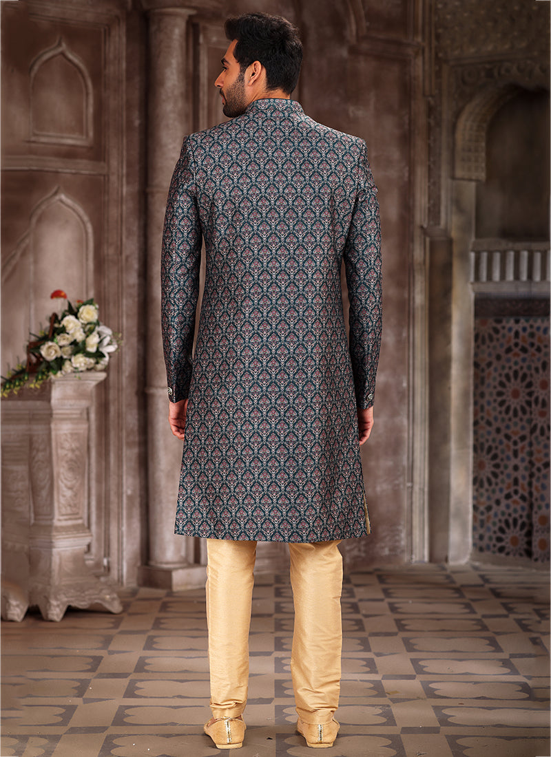 Green Art Silk Traditional Wear Printed Sherwani