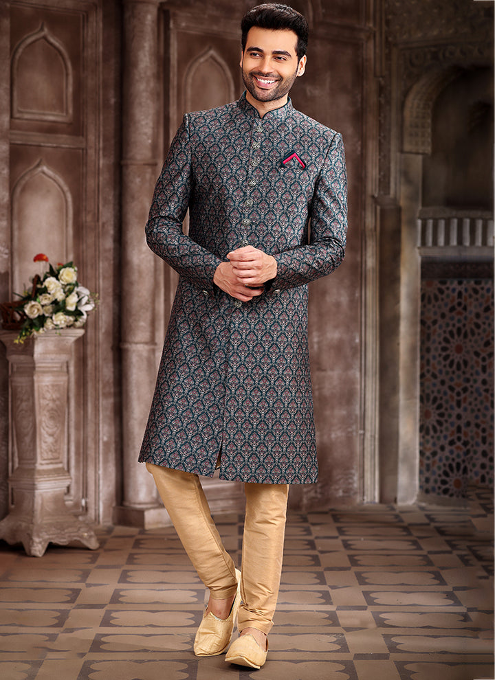 Green Art Silk Traditional Wear Printed Sherwani