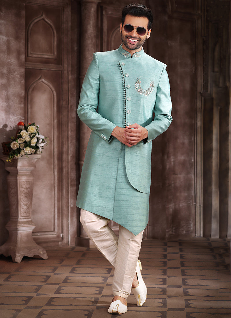 Green Art Silk Wedding Wear Embroidery Work Sherwani