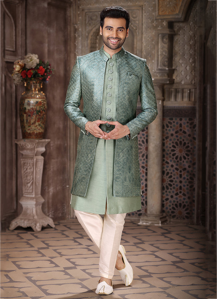 Green Art Silk Wedding Wear Thread Work Mens Indo Western
