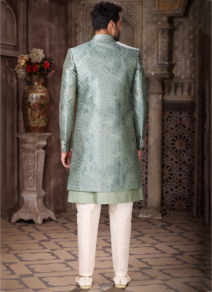 Green Art Silk Wedding Wear Thread Work Mens Indo Western