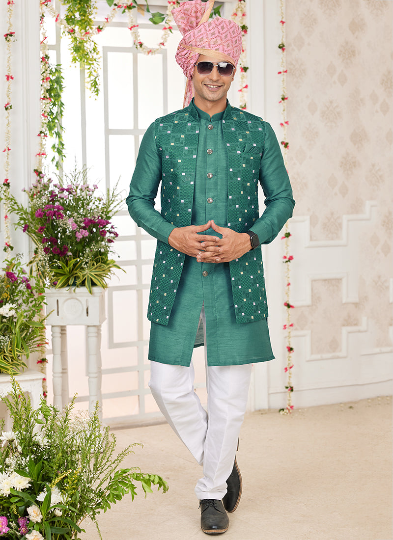 Art Banarasi Silk Green Wedding Wear Pattern Work Readymade Indo Weartern Sherwani